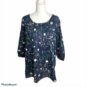 Gracila Floral Tunic Sz 2X Blue Green Pleated Blouse Top Shirt